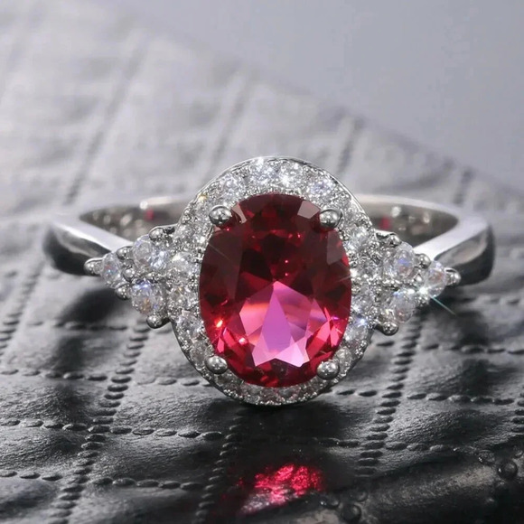 NEW 925 Sterling Silver Oval Ruby Round Diamond Halo Ring - Picture 5 of 8